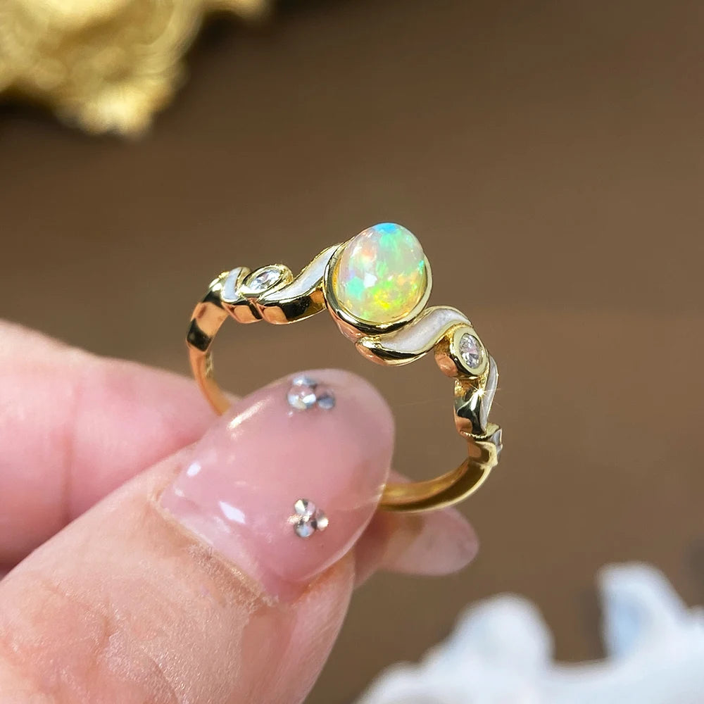 Gioiellieri Natural White Opal Prong Setting Rhodium Plated 925 Sterling Silver Luxury Women's Wedding Ring