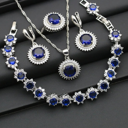 Silver 925 Women's Wedding Jewelry Set with Circular Royal Blue Zircon Earrings Necklace Pendant Ring Bracelet Halloween Gift