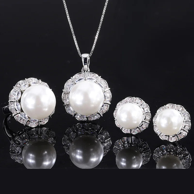 Fashion Eco-friendly Copper 16MM/12mm White Shell Pearl Handmade Bridal Pendant Earrings Ring Set Pearl Jewelry Sets for Brides