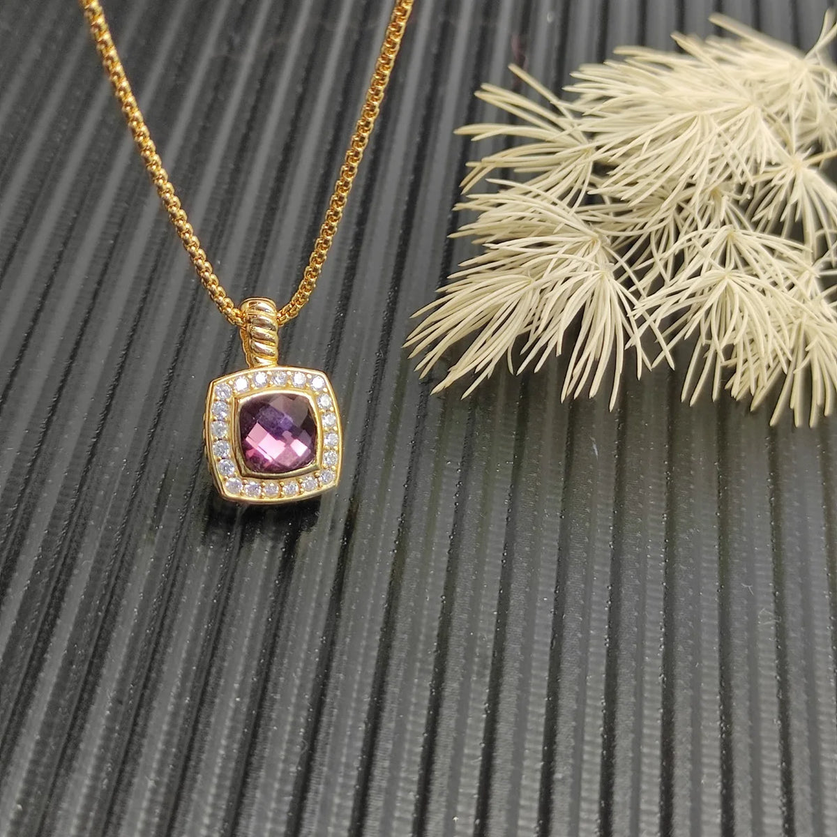 Gemfiori FASHIONISTA DY High-Quality Silver-Plated 7mm Square Diamond Necklace. Gold-Plated 7mm Colored Gemstone Necklace. Jewelry.