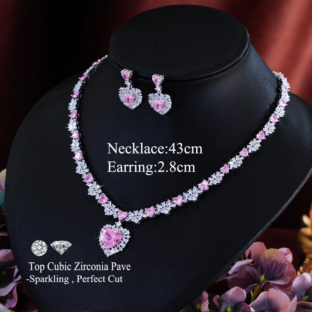 Delicate Sparkling Pink White Cubic Zirconia Bridal Wedding Party Love Heart Earrings and Necklace Jewelry Set for Women