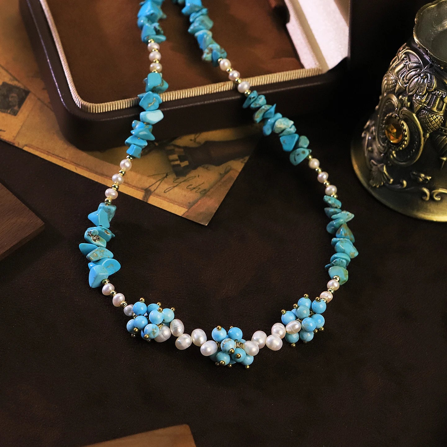 Natural Turquoise Freshwater Pearl Beaded Choker Necklace for Women Daily Wear Beach Vacation Pearl Necklace Bohemian Jewelry