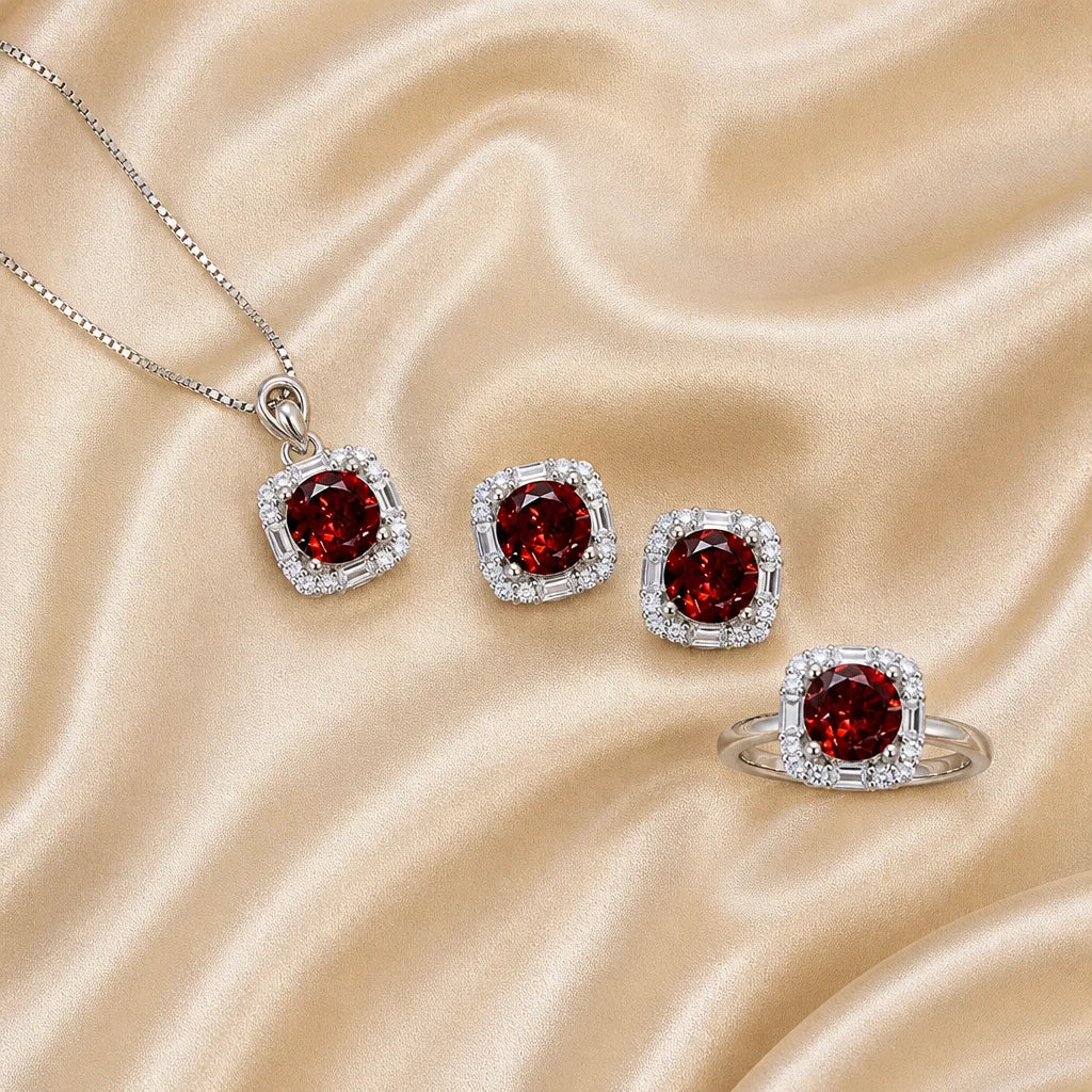 REDheart Fine Luxury Designer Women's Jewelry Set 925 Sterling Silver Rhodium Natural Garnet Ring/Necklace Earring Gift for Engagement