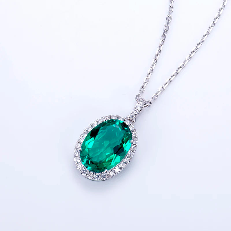 Messi Jewelry  MSN-737 18K White Gold Oval Shape Lab Emerald Moissanite Pendant Necklace
