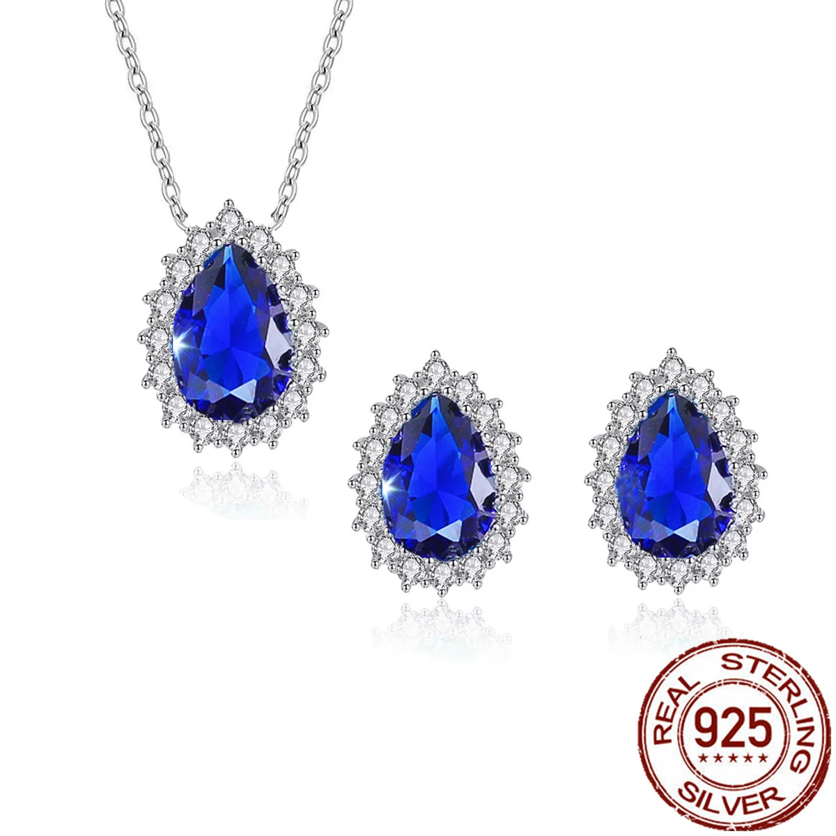 S&S 925 Silver Royal Blue CZ Teardrop Necklace & Earrings Set – Pear Cut – Rhodium Plated – Collection