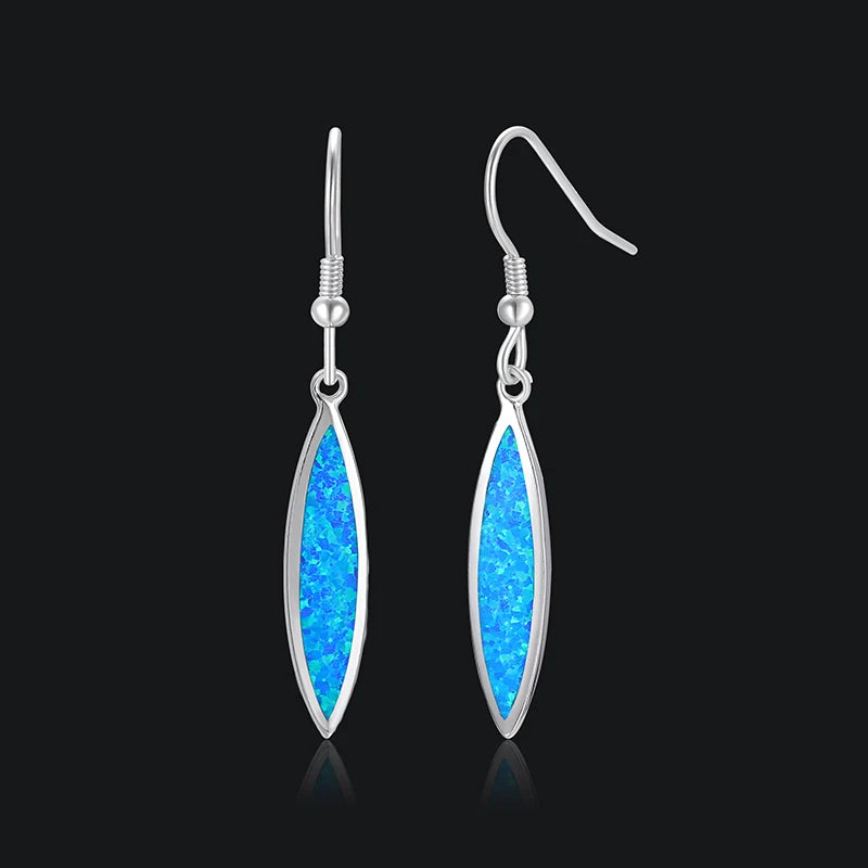 Sleek Marquise Opal Drop Earrings - Blue Fire Opal Inlaid Slim Frame Design | Minimalist Daily Jewelry Bulk Gifts