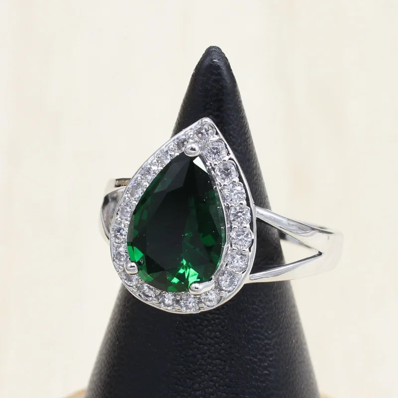 XOTICA Water Drop Zircon Green Stones Jewelry Set Bracelet for Women Platinum Plated Engagement Wedding Party Long Earrings Ring