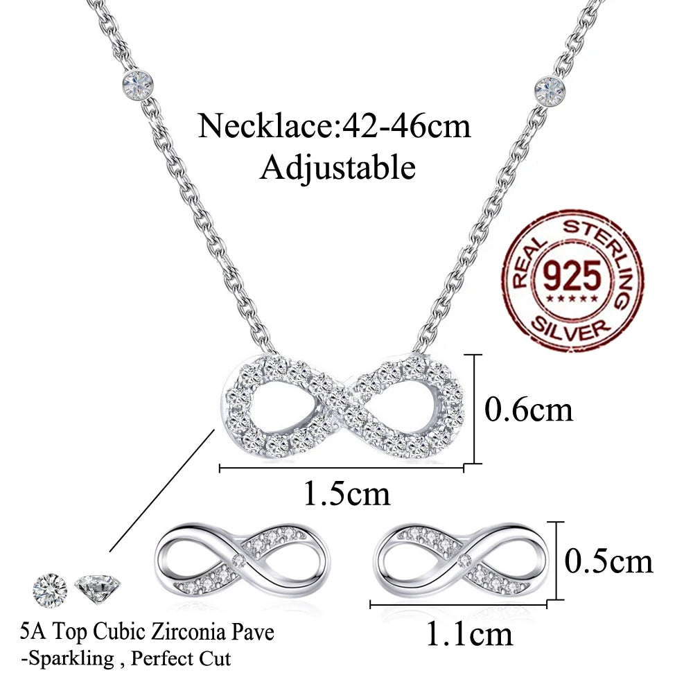 Pretty Endless Symbols Shaped Necklace and Earrings Cubic Zircon CZ Real S925 Sterling Silver Jewelry Set for Women Girl Gifts
