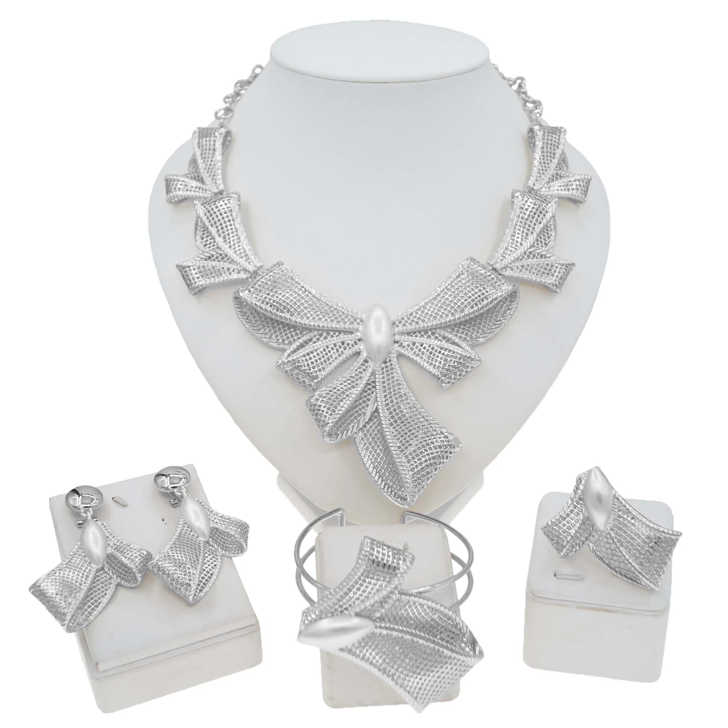 Zhuerrui New =Italian Jewelry 4-piece Set Gold Plated Bow Mesh Copper Ring Fashion Exquisite Ladies Party Jewelry Gift BoxH00774