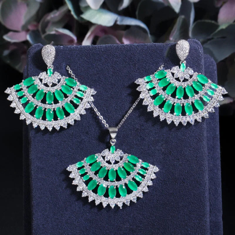 Big Long Dangle Earrings Green Fan Shaped Chain Link Necklace Cubic Zircon Engagement Jewelry Set for Women Costume Accessories