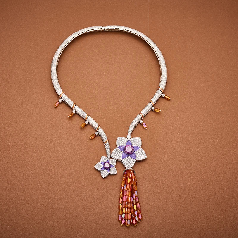 Four Flower Tassel Necklace Earring Set Brass Enamel Craftsmanship Retro Luxury Women's Evening Dress Jewelry