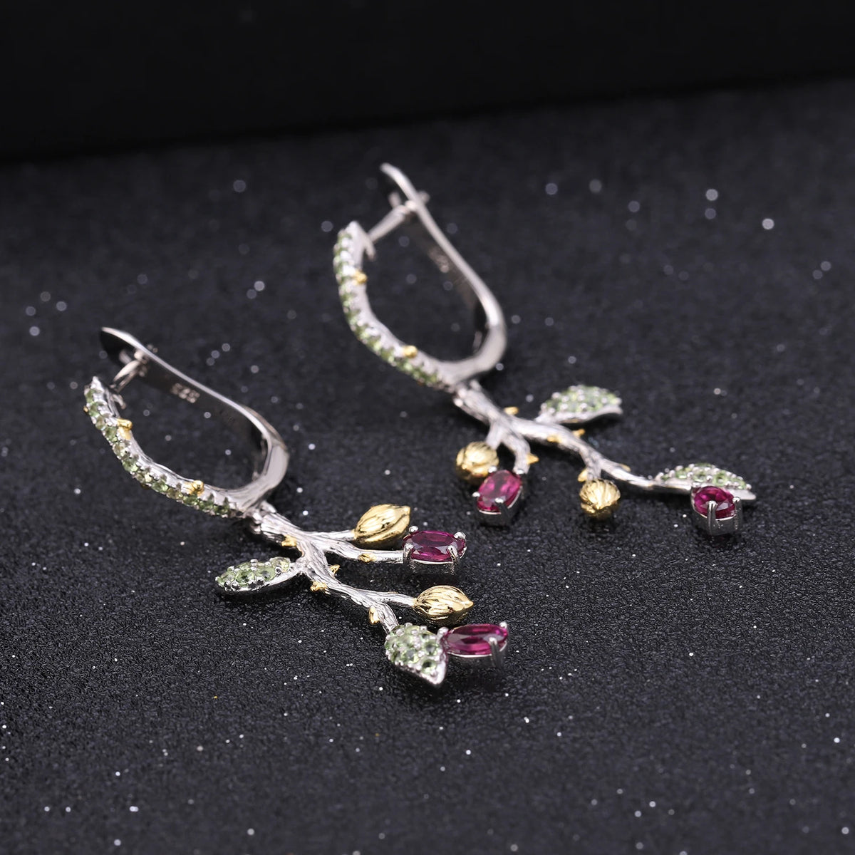 ArtistA Embrace Nature Plant Theme 925 Silver Natural Rhodolite Garnet Leal Bud Branch Earrings & Double Finger Ring Jewelry Set