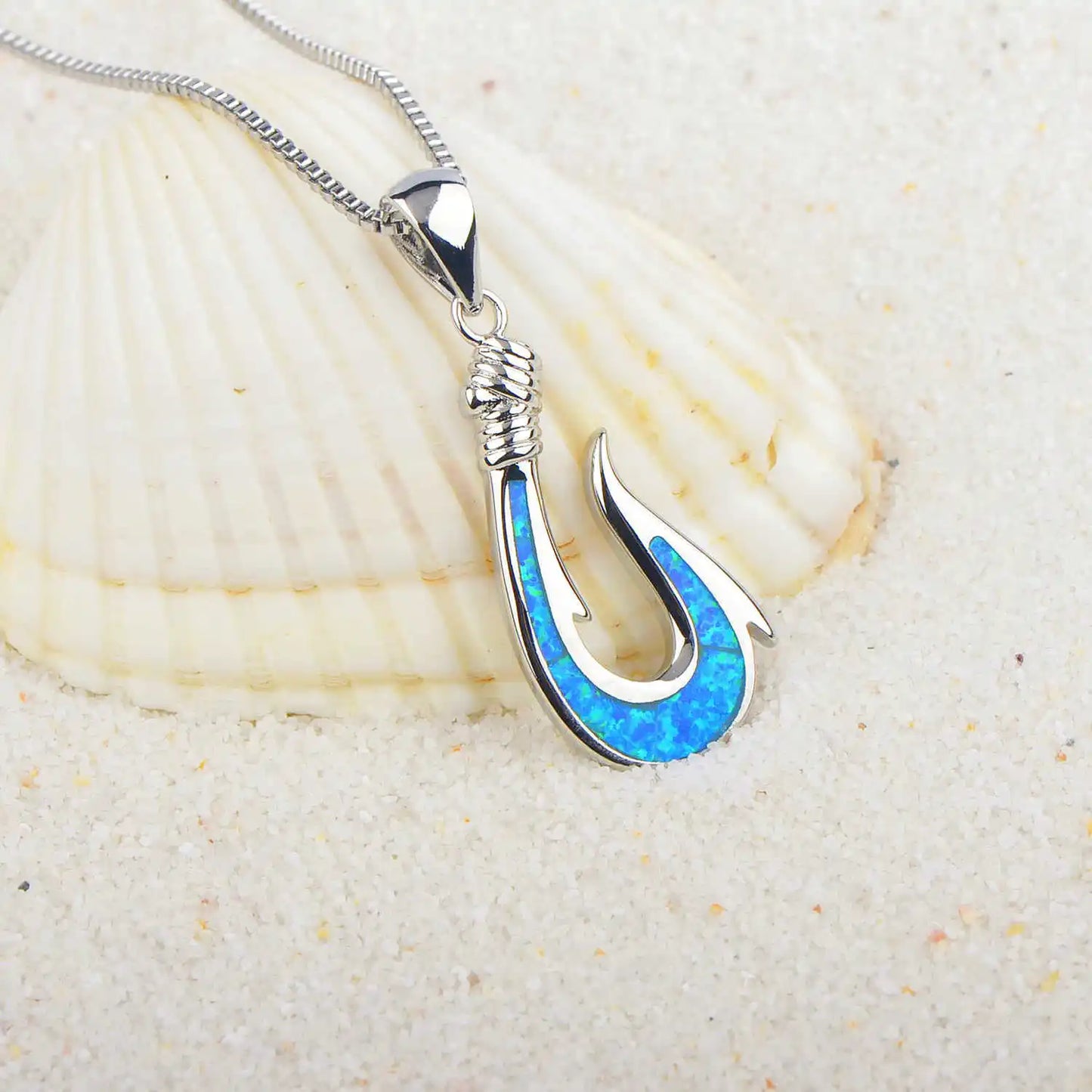 Aobao Christian Ocean-style Versatile Silver Plated Copper Alloy Link Chain Anchor Clavicle Featuring Blue Fishhook Pendant Opal
