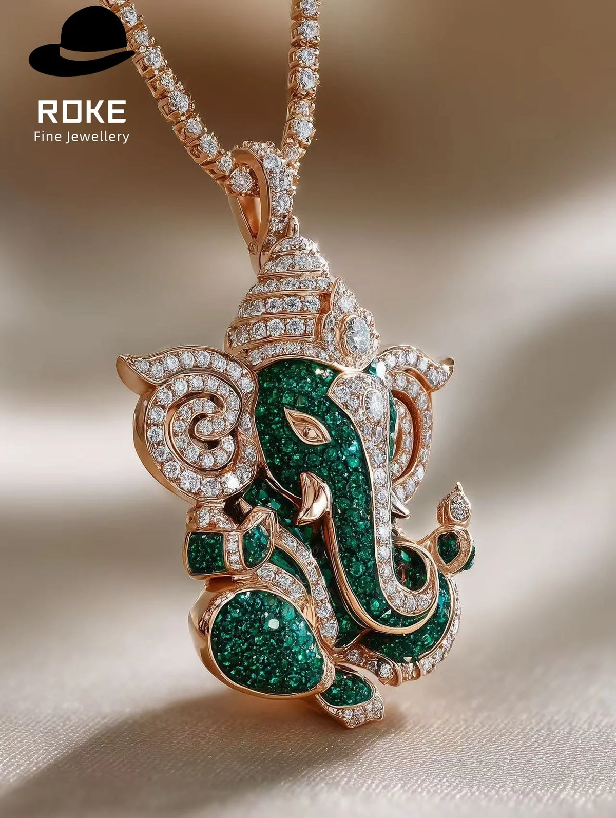 Gemfiori Luxury Ganesha Pendant 9K-18K Gold W/ Tsavorite & Lab Diamonds - IGI Certified Cultural Jewelry