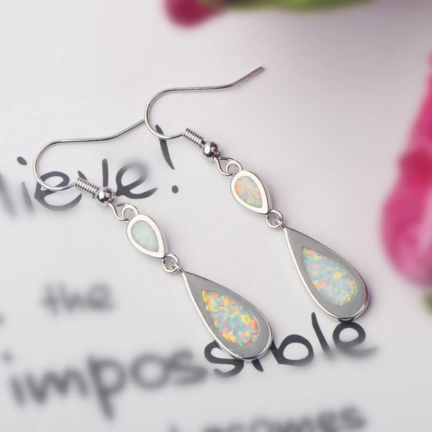 Layered Teardrop Opal Drop Earrings - Iridescent Opal Double-Drop Design | Elegant Daily Jewelry Bulk Gifts