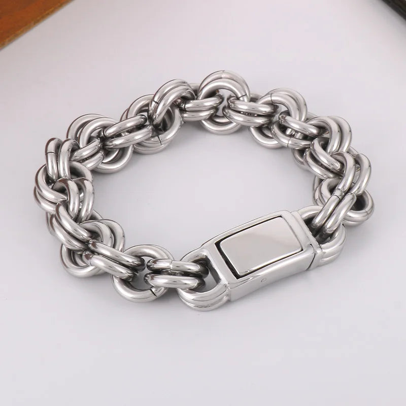 KALEN 230mm Men Casual Stainless Steel Double-Ring Links Bracelet