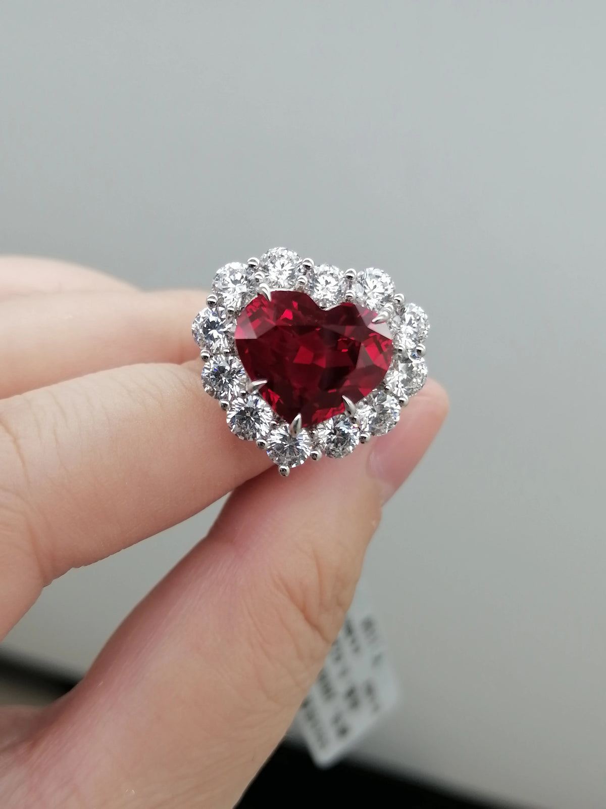 Gemfiori Lab Grown Ruby Heart Cut Engagement Ring Sterling Silver 925 Rhodium Plated Prong Setting Vintage Style Wedding Anniversary