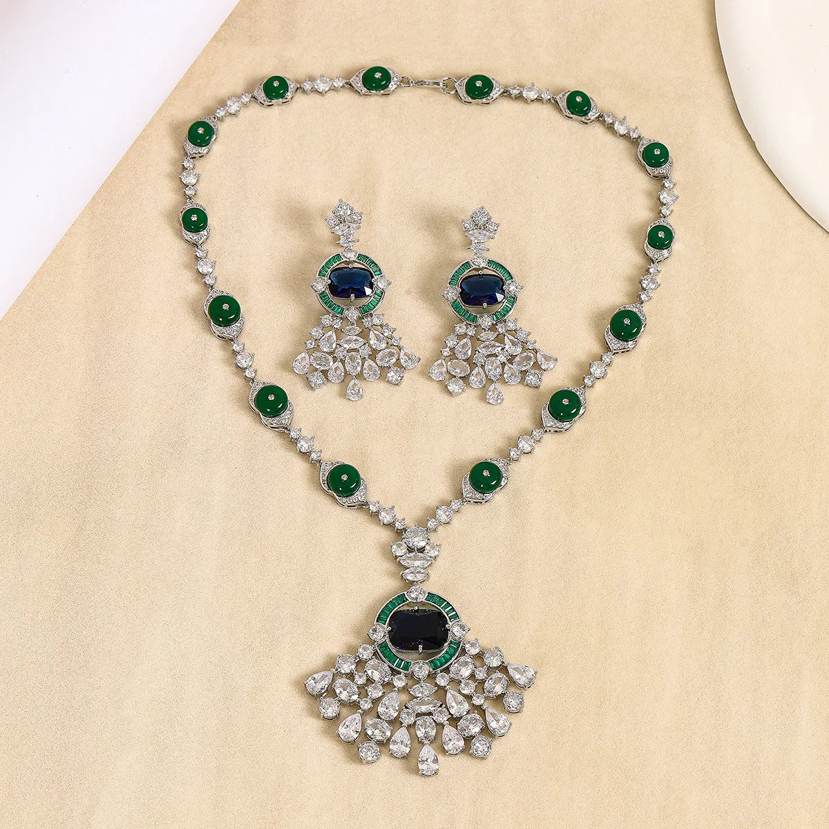 Vintage Emerald Green Zirconia Geometric Necklace & Earrings Set — Rhodium Plated