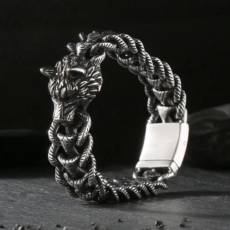 KALEN 22cm Punk Stainless Steel Bracelet Wolf Head Chain Men Bracelet