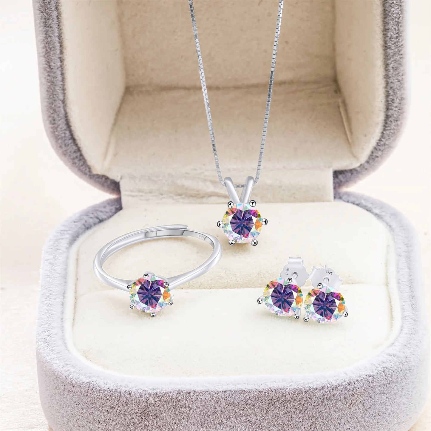 Simple D Color VVS1 GRA 1CT Round Cut Colored Moissanite Jewelry 925 Silver Wedding Ladies Necklace Earrings Ring 3 Piece Sets