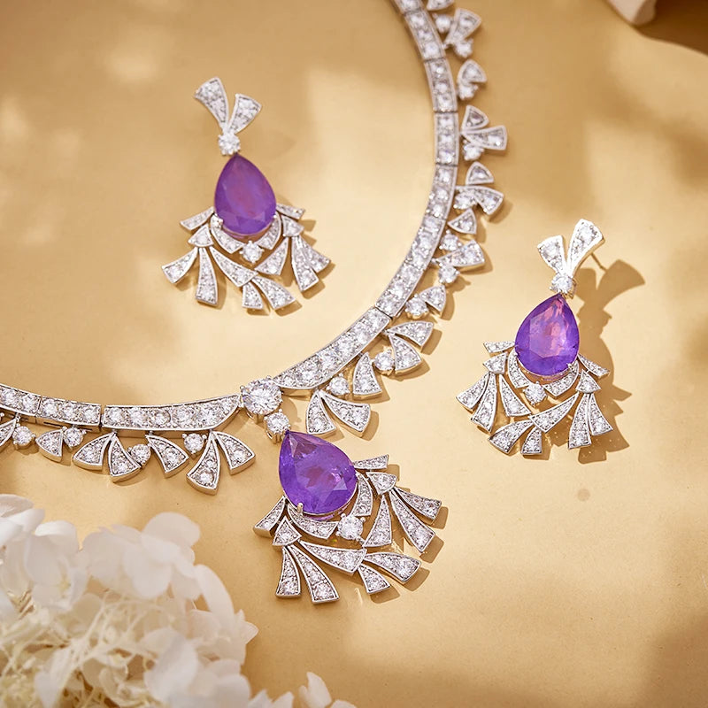 Luxurious Purple Water Droplet Necklace Earrings Fashionable Inlaid Cubic Zirconia Brass Women's Sexy Dress Accessories