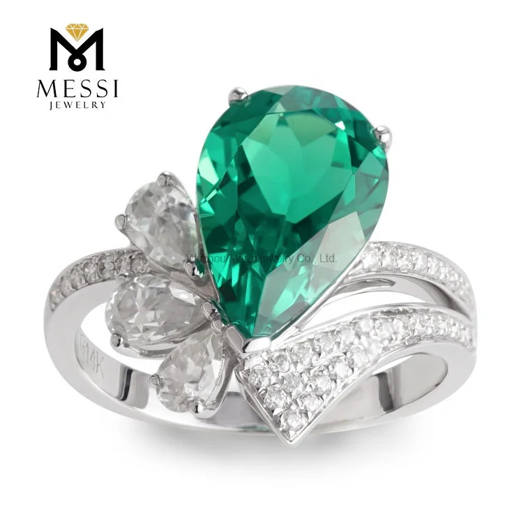 Gemfiori Messi Jewelry Big Stone Ring Green Emerald Luxury Woman Ring Bohemia Style Wedding Engagement Ring in Gold