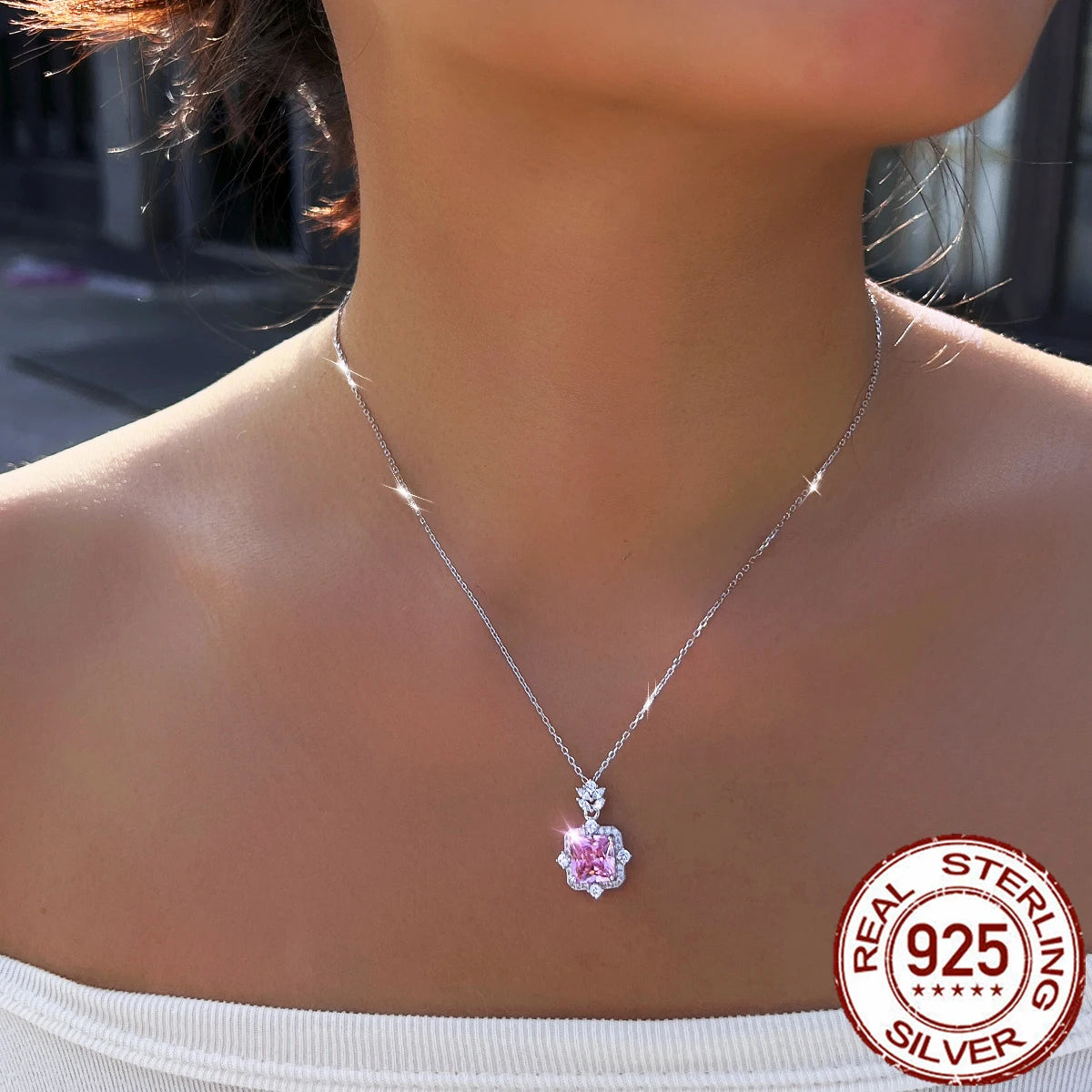 S&S 925 Sterling Silver Pink Square CZ Charm Pendant Necklace – 8A Zirconia – Rhodium Plated – Collection
