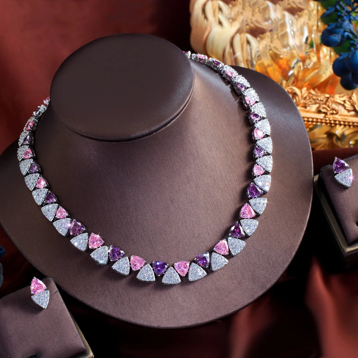 Geometric White Pink Purple Triangle Cubic Zircon Wedding Necklace Earrings 2Pcs Jewelry Set for Women Evening Party Accessory