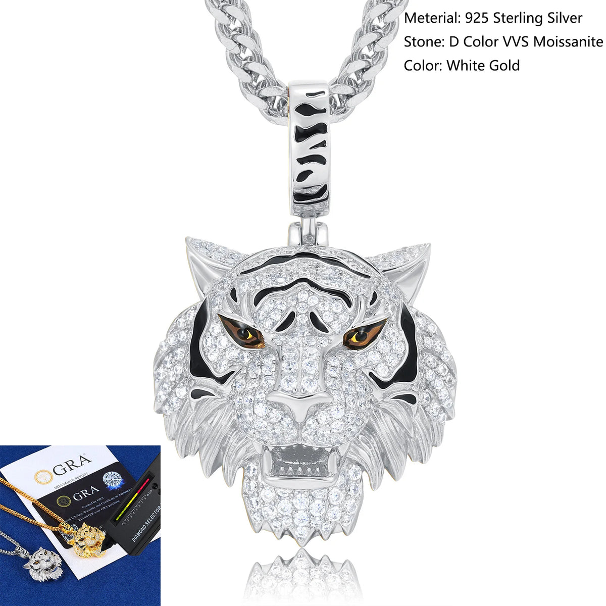 S&S 925 Silver VVS Moissanite Iced Out 3D Tiger Head Pendant | Hip-Hop Jewellery