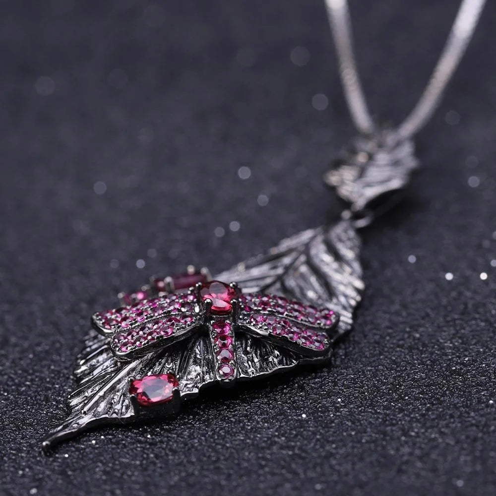 ArtistA Abiding Factory Original Design Black Gun Plated 925 Silver Leaf Shape Rhodolite Garnet Fine Jewelry Set for Women