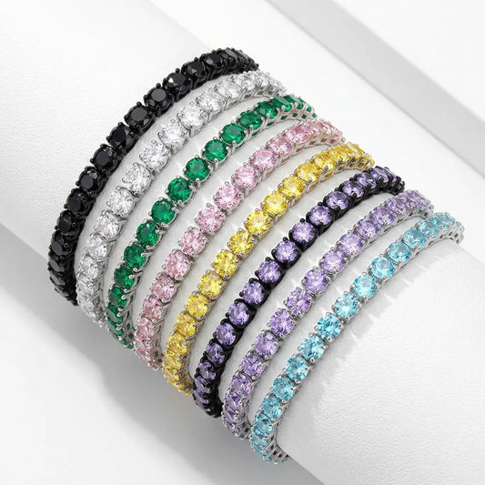 REBEL 4mm Iced Out Colorful CZ Tennis Bracelet Multi Color 1 Row Cubic Zirconia Brass Spring Clasp Bling Hip Hop Jewelry for Women Men
