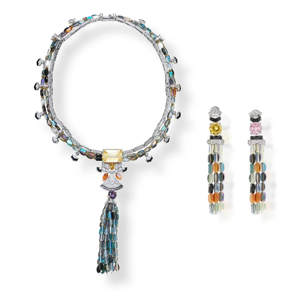 Luxurious and Colorful Cubic Zirconia Brass Necklace Earrings with Tassel Enamel Craftsmanship Suitable for Women's Accessories