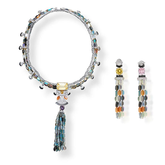 Luxurious and Colorful Cubic Zirconia Brass Necklace Earrings with Tassel Enamel Craftsmanship Suitable for Women's Accessories