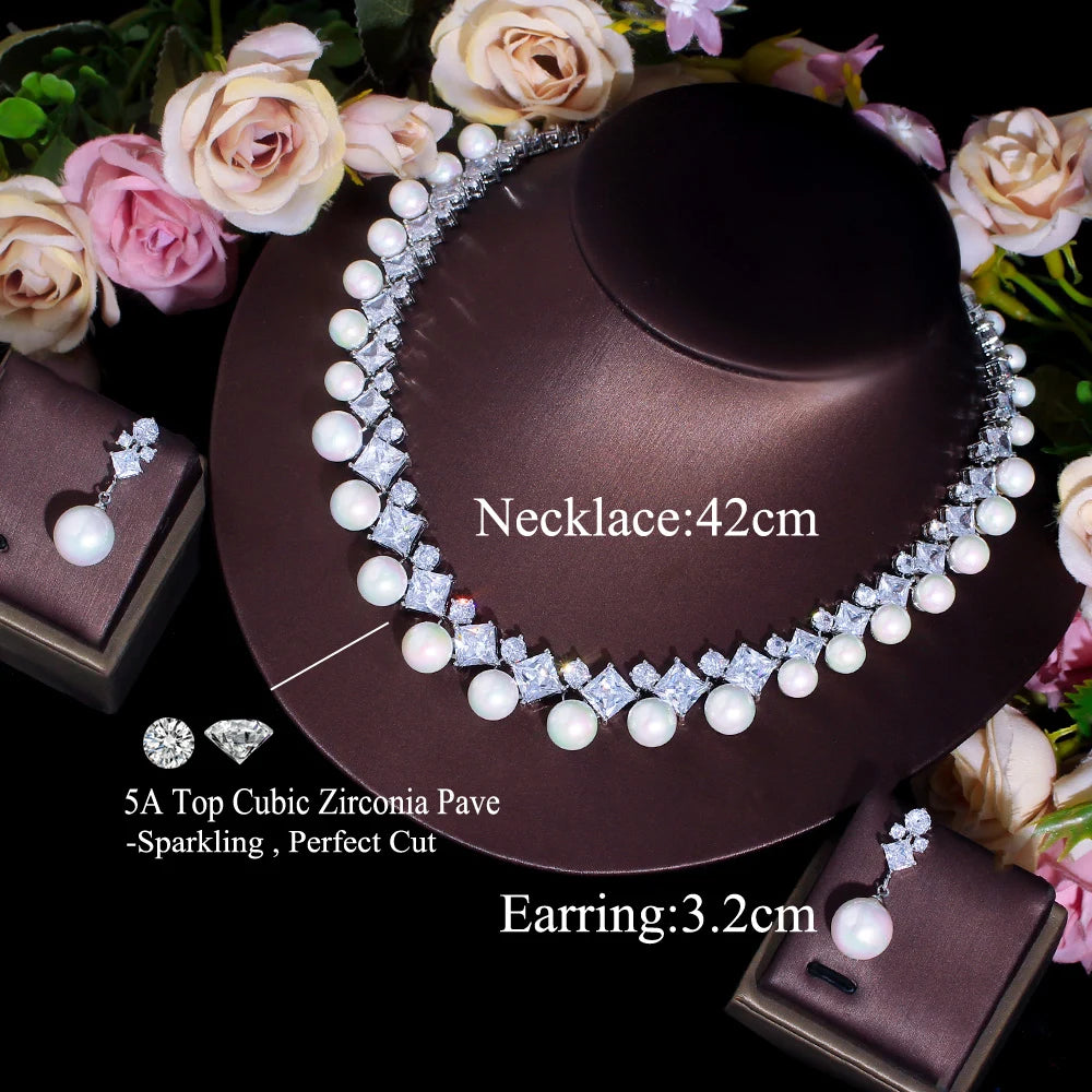 High Quality Cubic Zircon Statement Necklace and Earrings Bridal Imitation Big Pearl Jewelry Set for Women Wedding Accessories