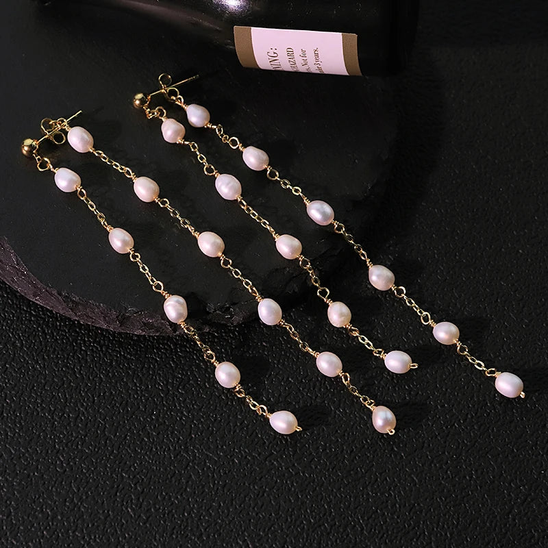 Natural Freshwater Pearl Copper Bead Chain Earrings Handmade Design Earrings Banquet Wife Women's Jewelry GE1732