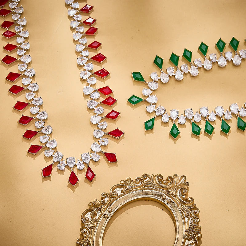 Modern Rhombus Red and Sapphire Necklace Earrings Gold-plated Women's Jewelry Wholesale Wedding Anniversary Holiday Set