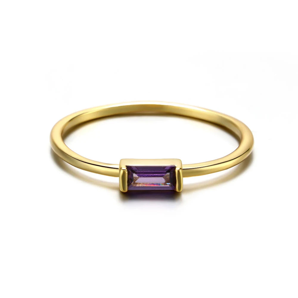 Gold Rhodium Plated Thin Pinky 925 Sterling Silver Romantic Party Colorful Square CZ Zirconia Gemstone Women's Birthstone