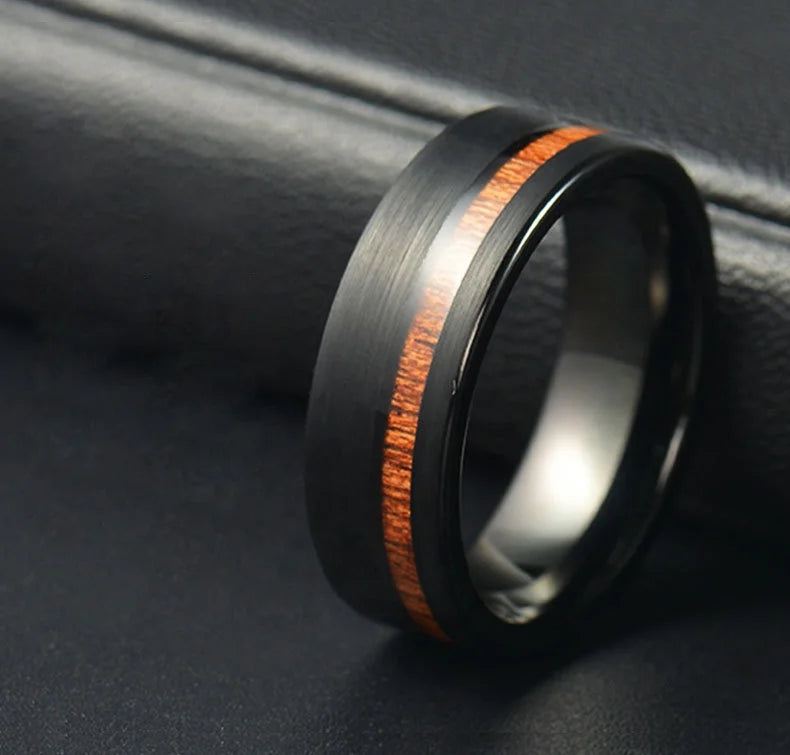 Non Tarnish Comfort Fit Hawaiian Koa Wood Inlay Brushed 8mm Black Tungsten Carbide Rings for Men Women