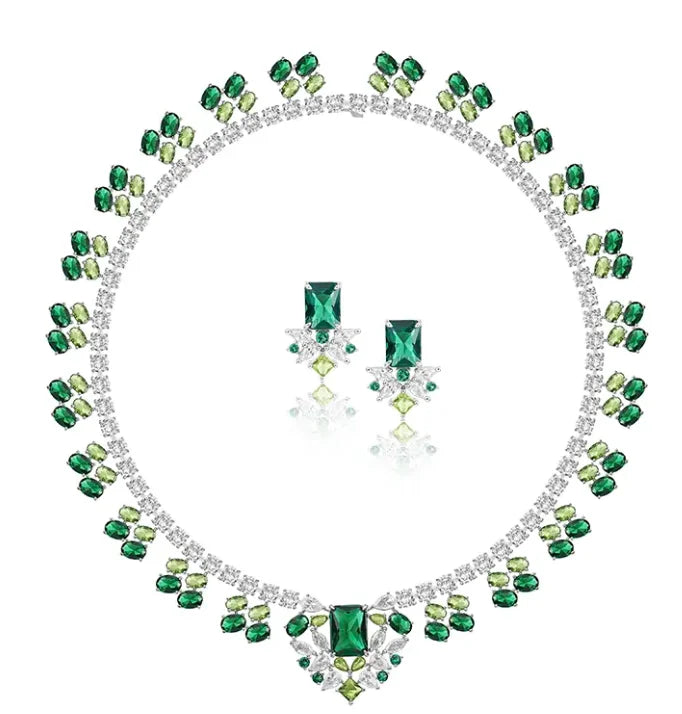 2023 Fashion Premium Jewelry Set Brass Rhodium Plated Green Zircon Jewelry Women's Necklace Earring Set