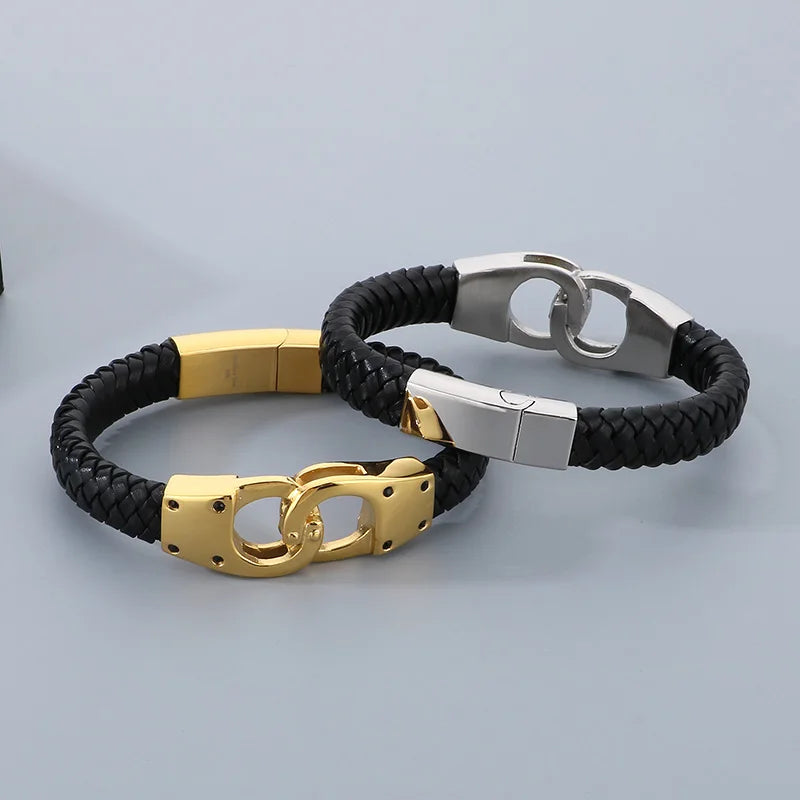 REBEL 220mm Punk Stainless Steel&Leather Handcuff Bangle Bracelet