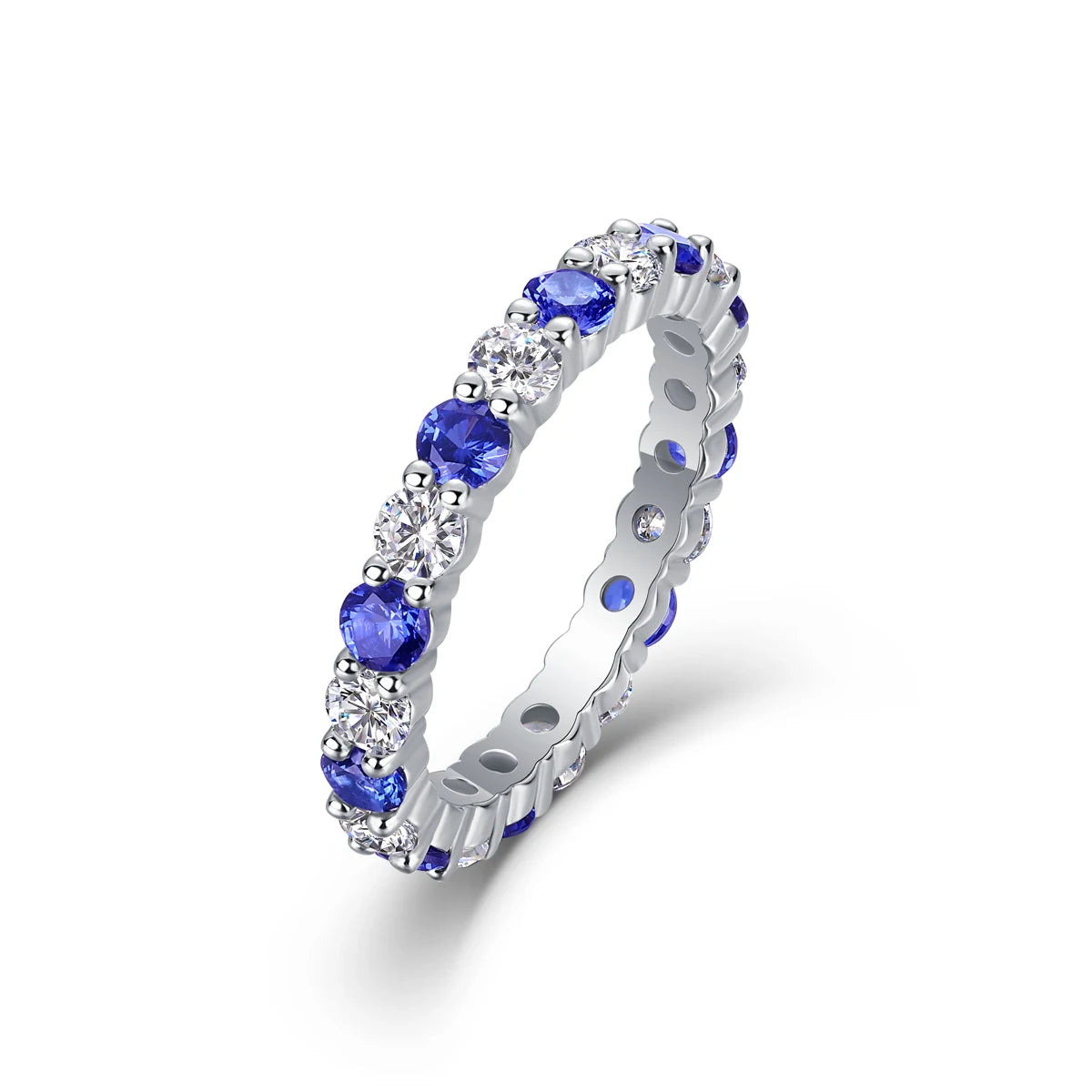 Blue Sapphire and Moissanite Alternating Full Eternity Ring 925 Silver Prong Set Stackable Wedding Band