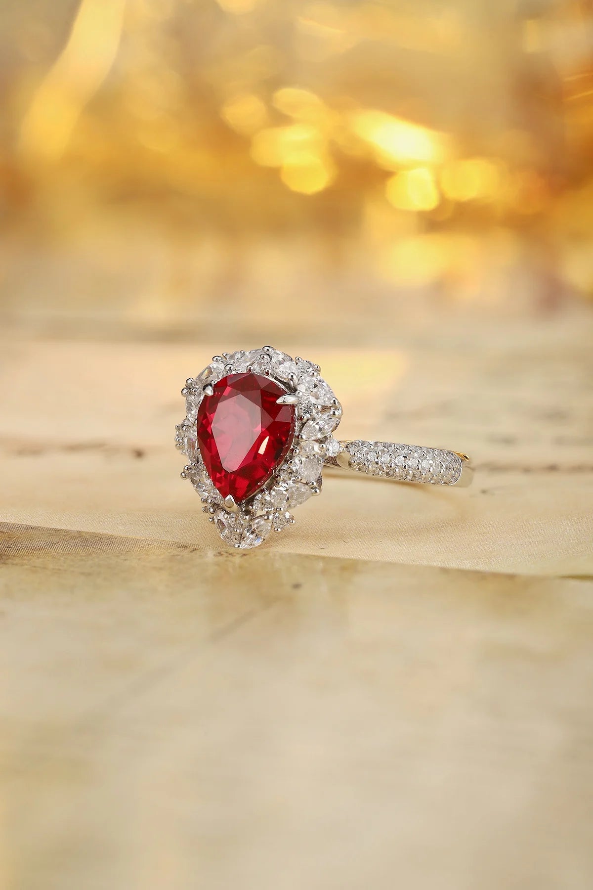 Gemfiori Retro Design Pear 2.4ct Lab Grown Ruby Sterling Silver 925 Engagement Ring Rhodium Plated Prong Setting Personalized Wedding