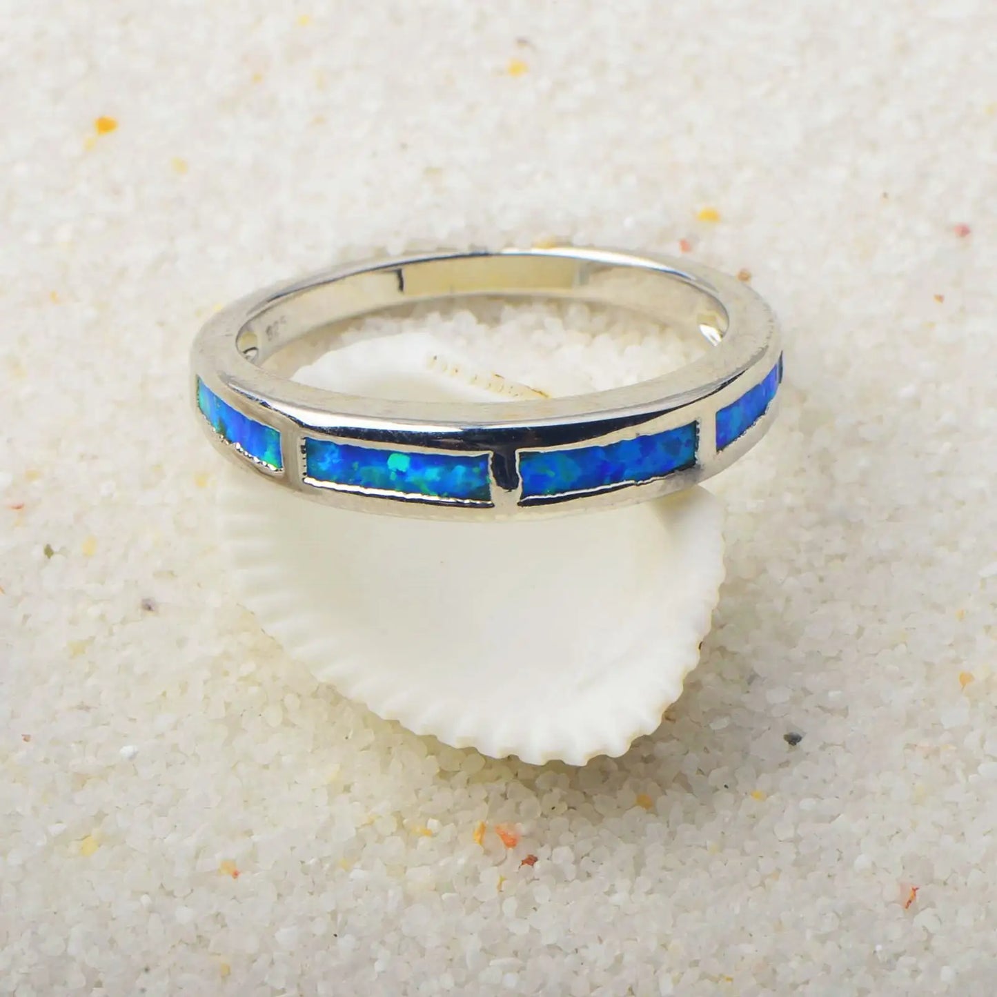 Silver Blue Opal Striped Ring | Minimalist Fashion Band Jewelry