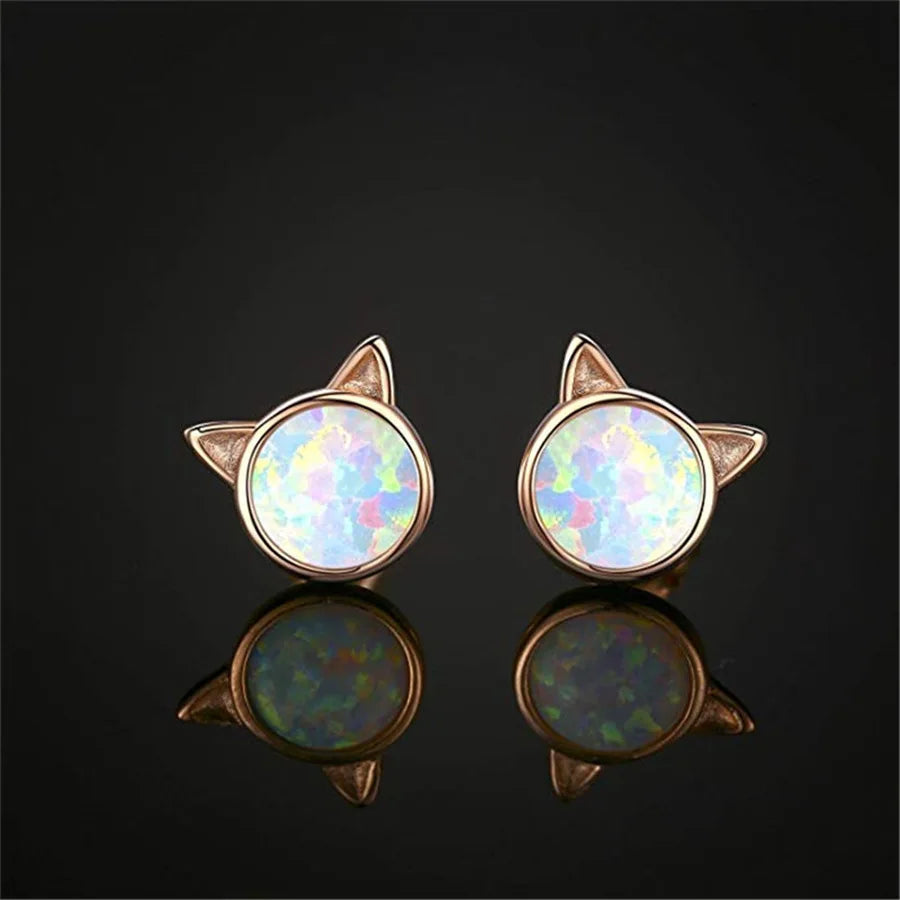 Adorable Cute Animal Cat Head Opal Drop Earrings Copper Alloy Christian Dainty Gift for Women