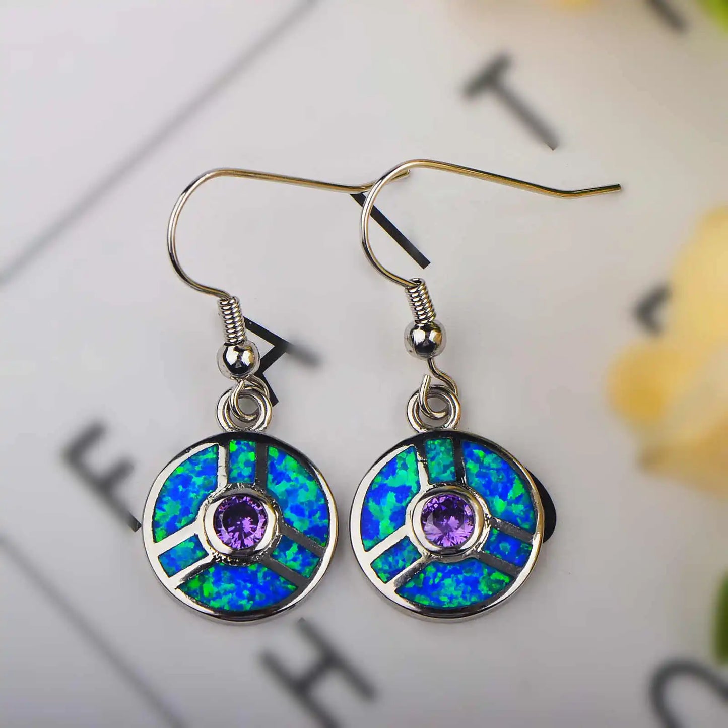 Stained-Glass Style Opal Drop Earrings - Blue Fire Opal & Amethyst Center | Artistic Daily Jewelry Bulk Gifts