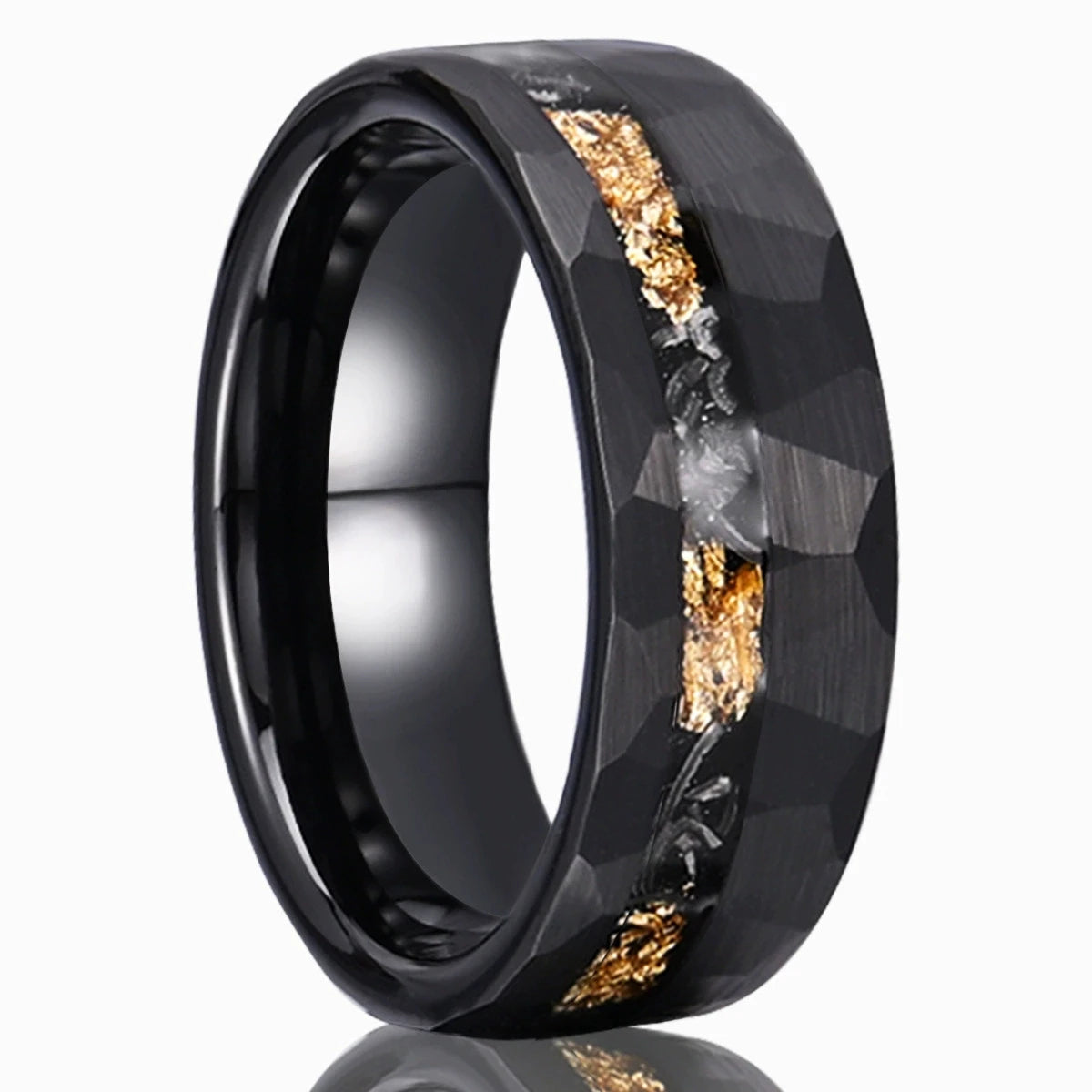 New Fashionable Tungsten Carbide ring with gold foil debris Wedding Engagement  8mm Black Hammered Finish Couples Ring