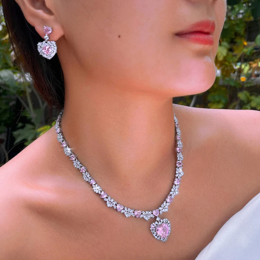Delicate Sparkling Pink White Cubic Zirconia Bridal Wedding Party Love Heart Earrings and Necklace Jewelry Set for Women