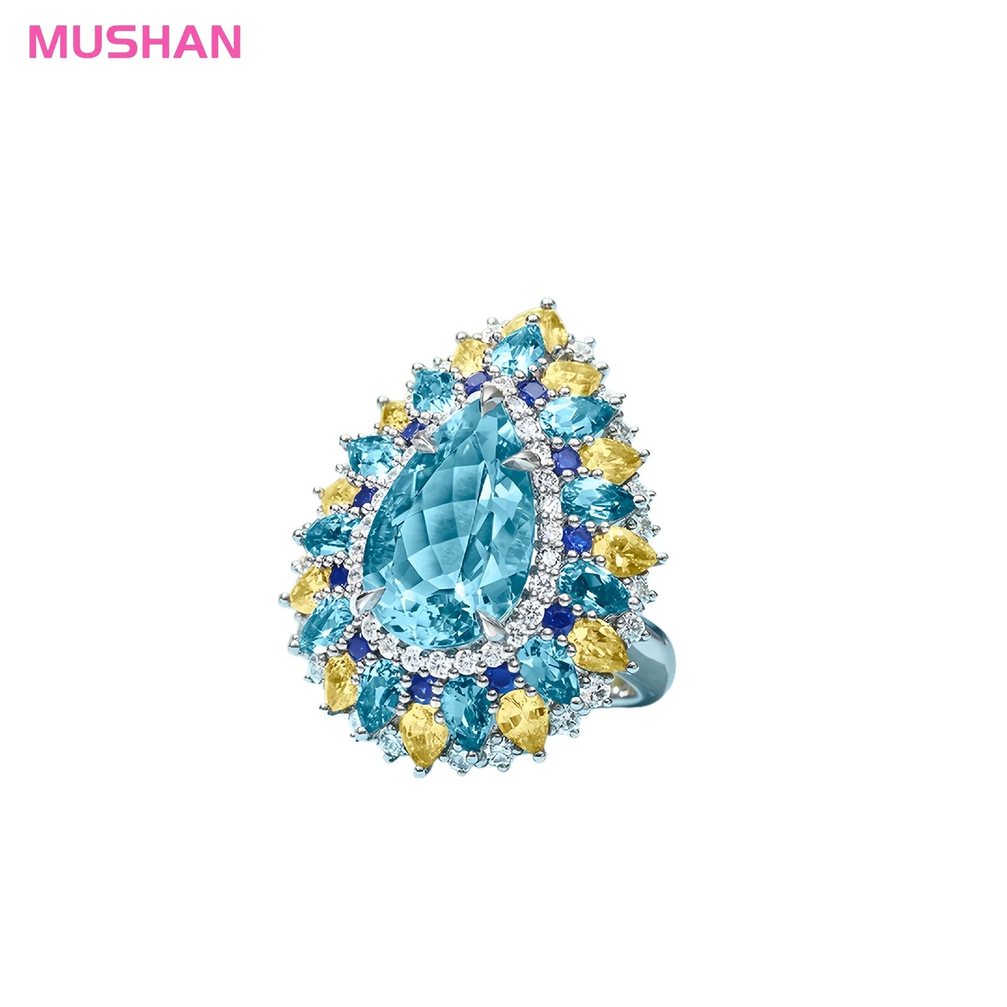 MUSHAN Luxury 925 Sterling Silver Wedding Bands Rings Sunflower Inlay Blue Teardrop Shape High Carbon Diamond Pave Setting Women