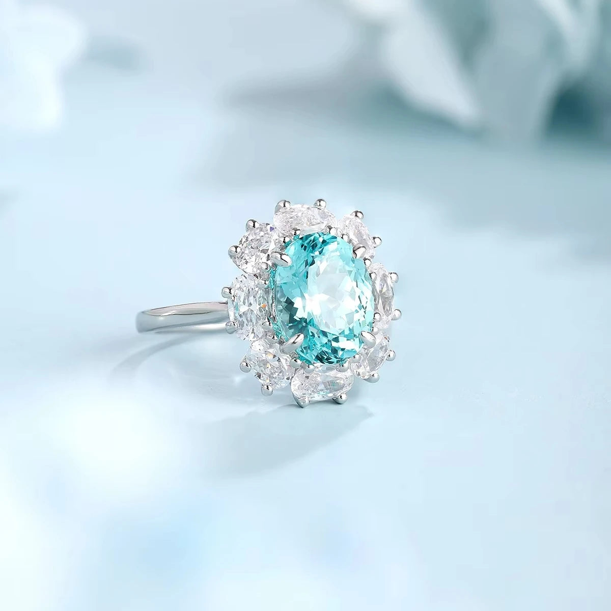 Gemfiori Anster Oval Cut Lab Created Diamonds and Ring S925 Sterling Silver Lab Made Paraiba Women Ring