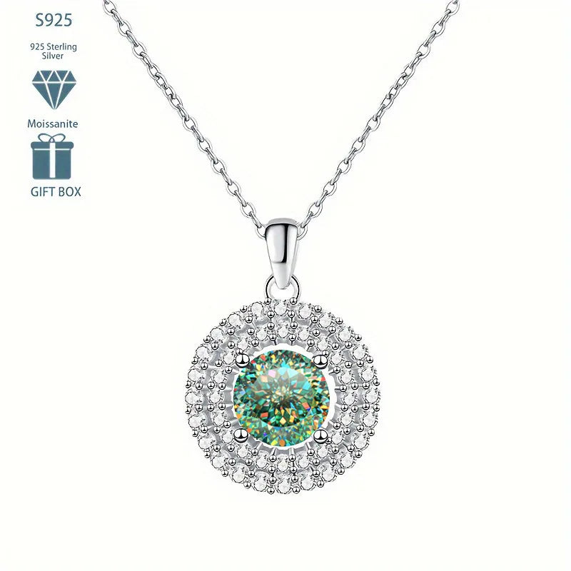 Dainty Double Halo Set Round Cut 1ct VVS GRA Colored Moissanite Jewelry Trendy 925 Sterling Silver Disc Pendant Necklace